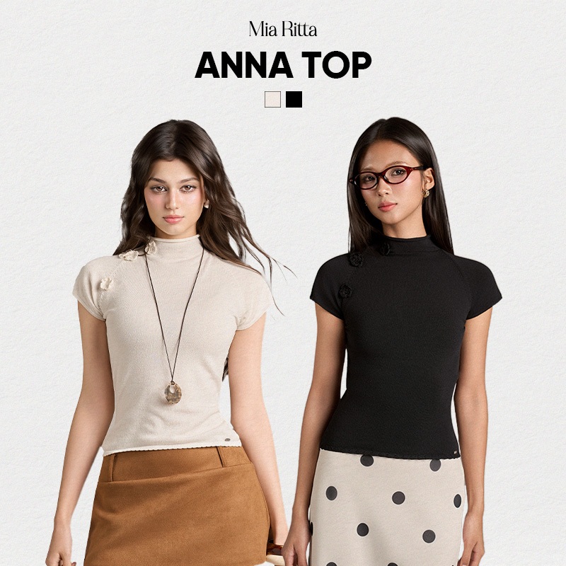 MIA RITTA เสื้อเชิ้ตไหมพรมแขนสั้นผู้หญิงคอปก สเวตเตอร์วิสคอสทรงเข้ารูปแขน raglan ANNA TOP - T00023