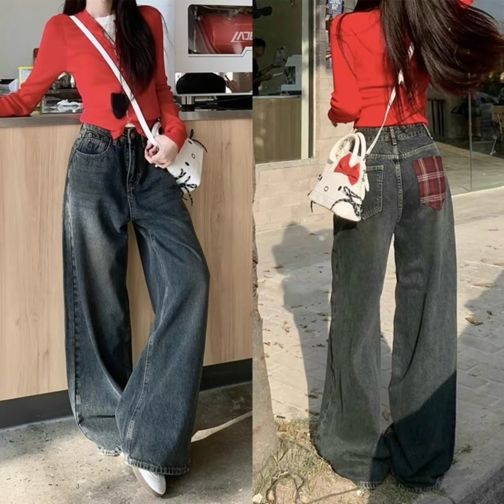 กางเกงยีนส์ขาตรงผู้หญิงมีกระเป๋าลายสก๊อตสไตล์ Q1450 ยาว 105cm