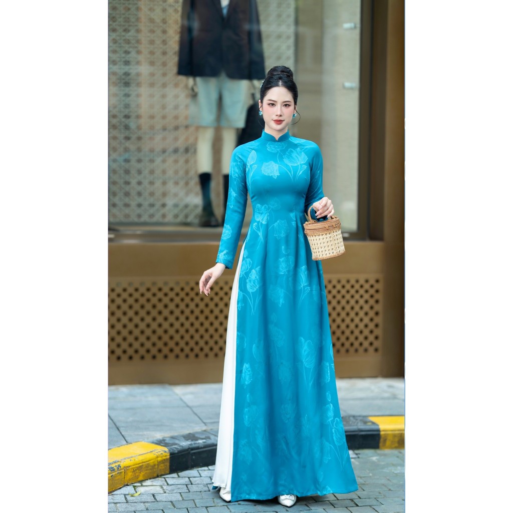 ผ้าบัวบัวแบบดั้งเดิมคุณภาพสูง ao dai ใน Ly blue คอปกสูง 3 ซม. แขนยาว - TRUC ANH Ao Dai