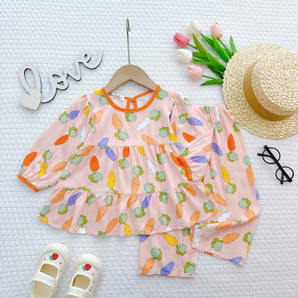 Be Mai Anh Tole Clothes 2409 <2> มีแขนและคอ ชุดกางเกงขายาวกางเกงขายาวแขนยาวสําหรับเด็กผู้หญิง 9-42กิโลกรัม ผ้าลินินเกรด1