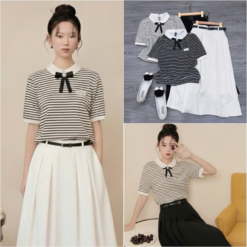 SET [ผูกโบว์ลายทาง - BELL CROSS CV] TAG MIN เสื้อคอปกบัวผูกโบว์ + กระโปรงเฉียง 2 ชั้นพร้อมเข็มขัด