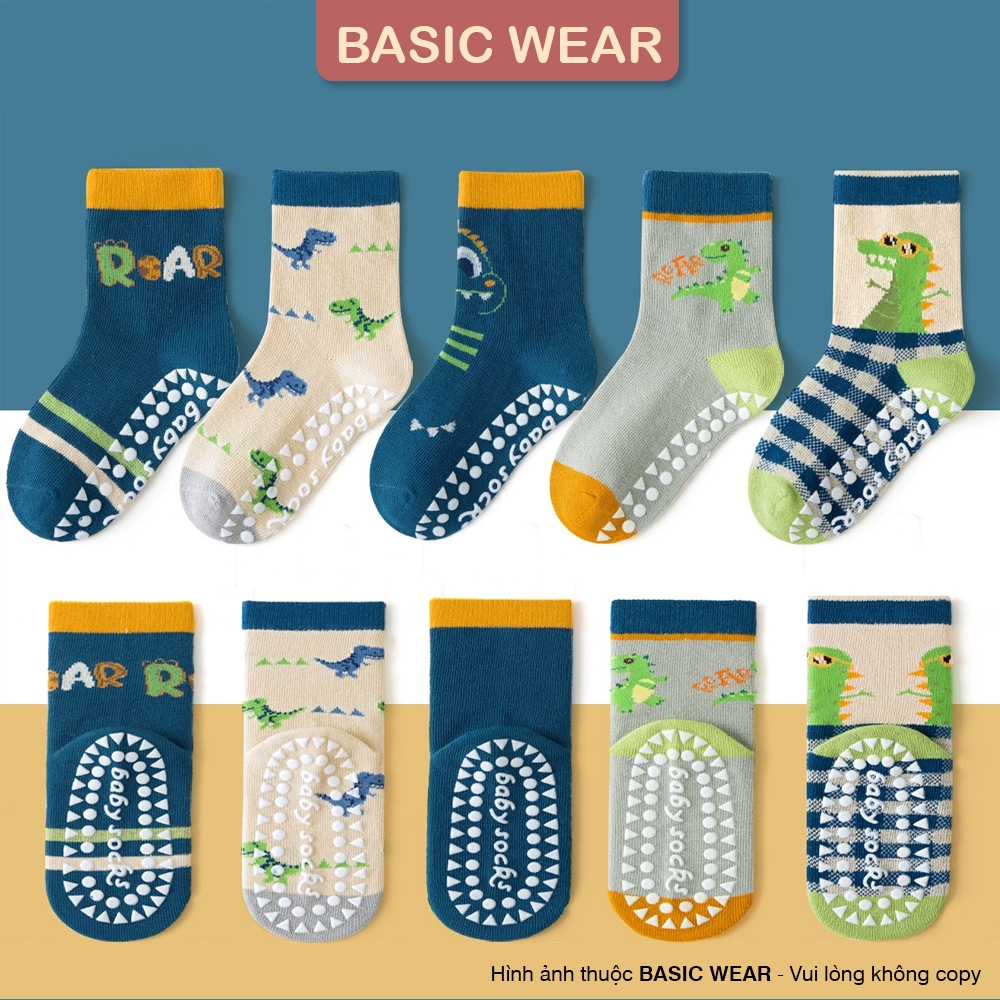 ชุดถุงเท้าไดโนเสาร์คอปกสูงกันลื่น 5 คู่สําหรับเด็กผู้ชาย 1-12 ปี, ถุงเท้ากันลื่นสําหรับเด็กผู้ชาย ที