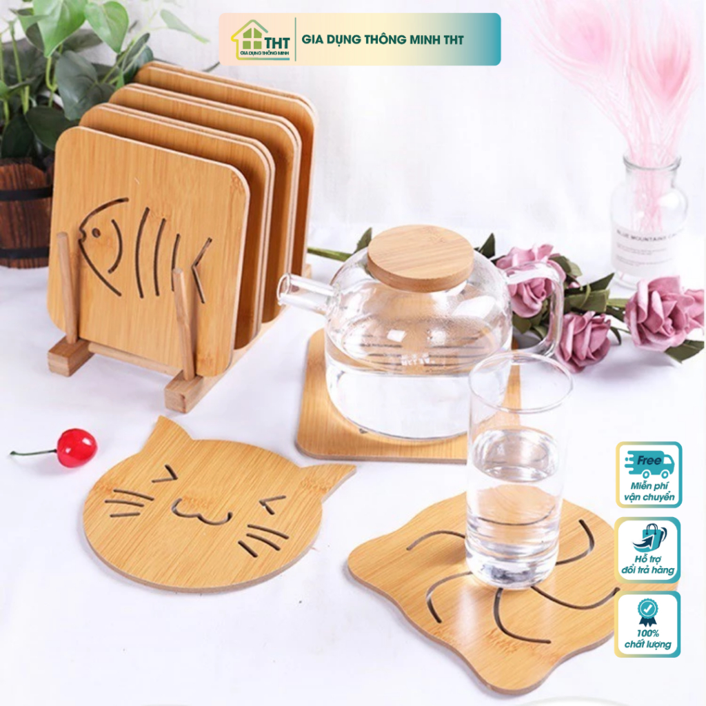 Combo ที่รองแก้วไม้หรูหรา 9ซม. x 9ซม. - THT SHOP