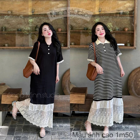 ชุดเดรสไหมพรม Mtg คอปก ขาลูกไม้ (สินค้า Standard QC)