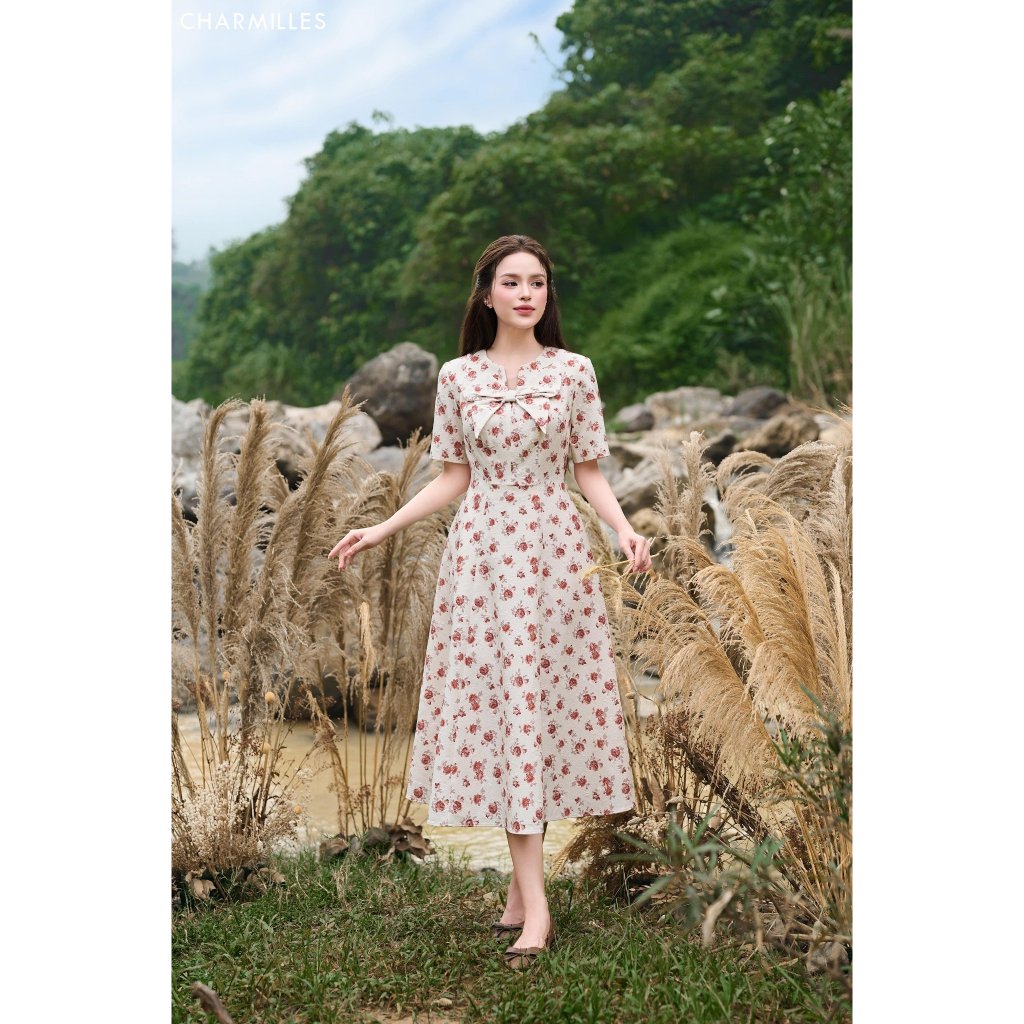CHARMILLES dress เดรสคอกลมผ่าวี โบว์อก 25MD102BO