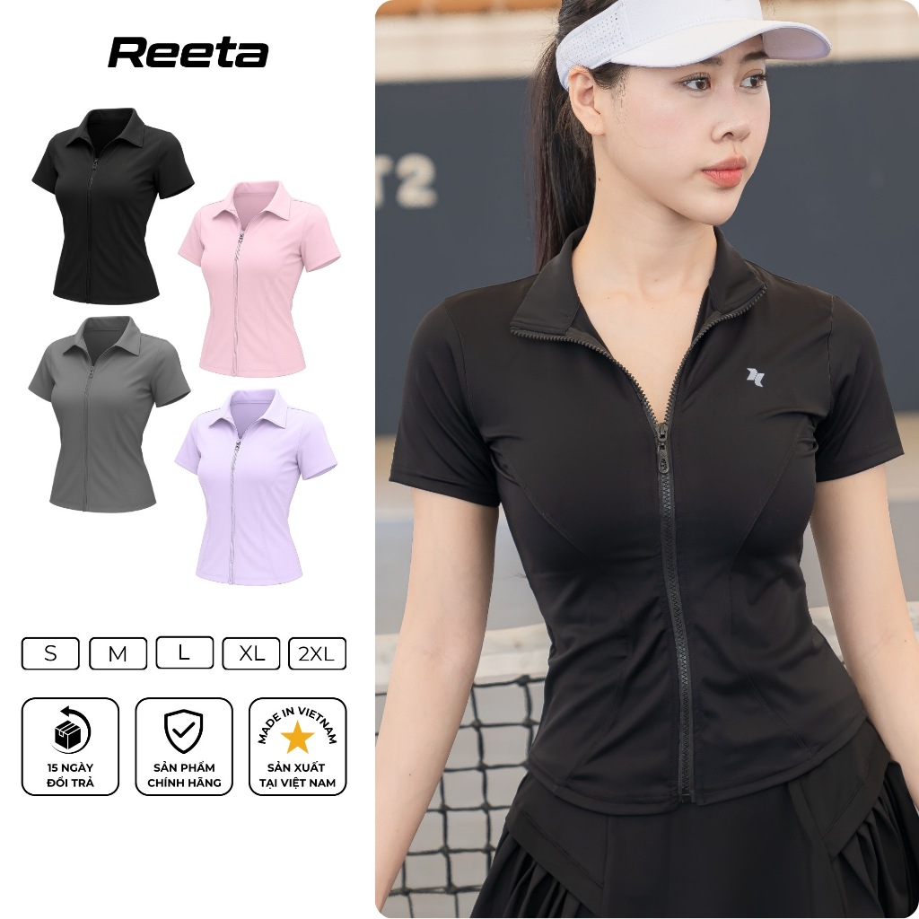 รีต้า เสื้อแจ็คเก็ตโปโลกีฬาแขนสั้นมีปกซิปและฟอร์มให้แบนหุ่นสําหรับฝึกเทนนิส แบดมินตัน ลูกดอง วิ่งออกกําลังกาย...A098