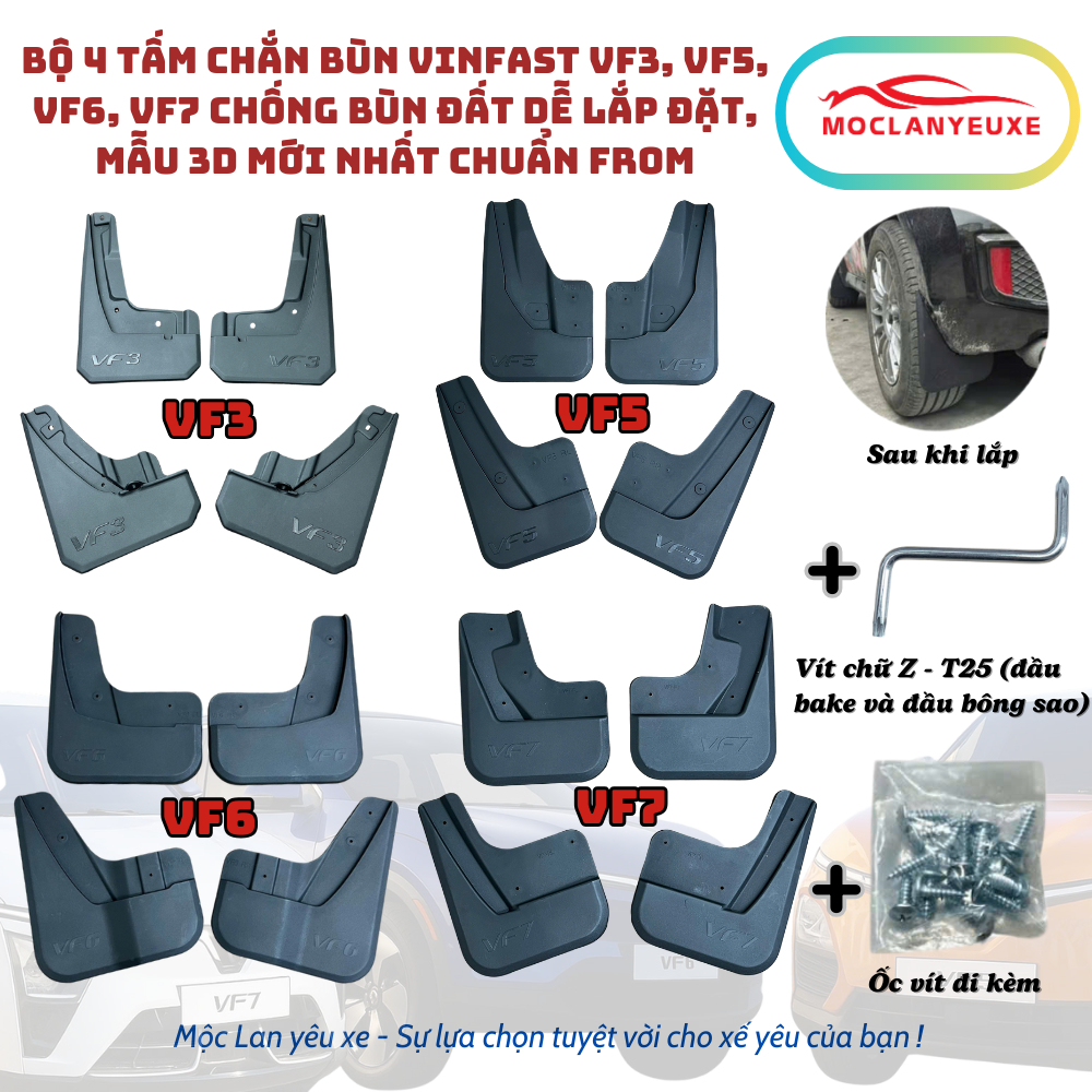 ชุด 4 VinFast VF3, VF5, VF6, VF7, VF8, HERI, LIMO GREEN Mud Flaps ติดตั้งง่าย มาตรฐานรุ่น 3D รุ่นล่า
