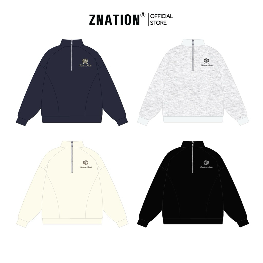 ZNATION Form Boxy Zip Collar Sweater สําหรับผู้ชายและผู้หญิงพิมพ์ลายผ้าไหม