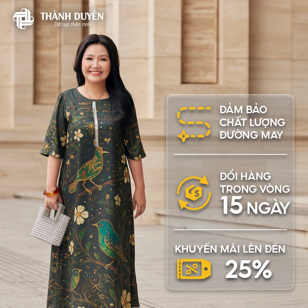 Thanh Duyen Middle-Aged Silk Dress with delicate bird and flower motifs แขนสั้น A-form ตรง นุ่ม โปร่