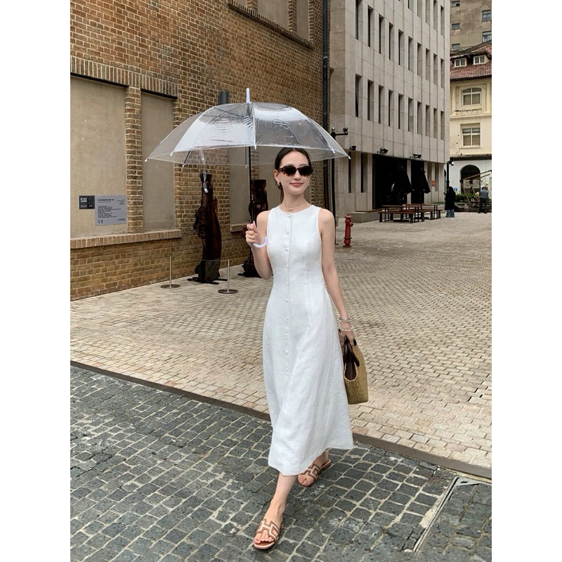 LINEN DRESS ROUND NECK 2 ชั้นฝาครอบปุ่ม, ยาว 130 ซม., BACK ZIPPER, LIGHT, FEMININE FALL สไตล์