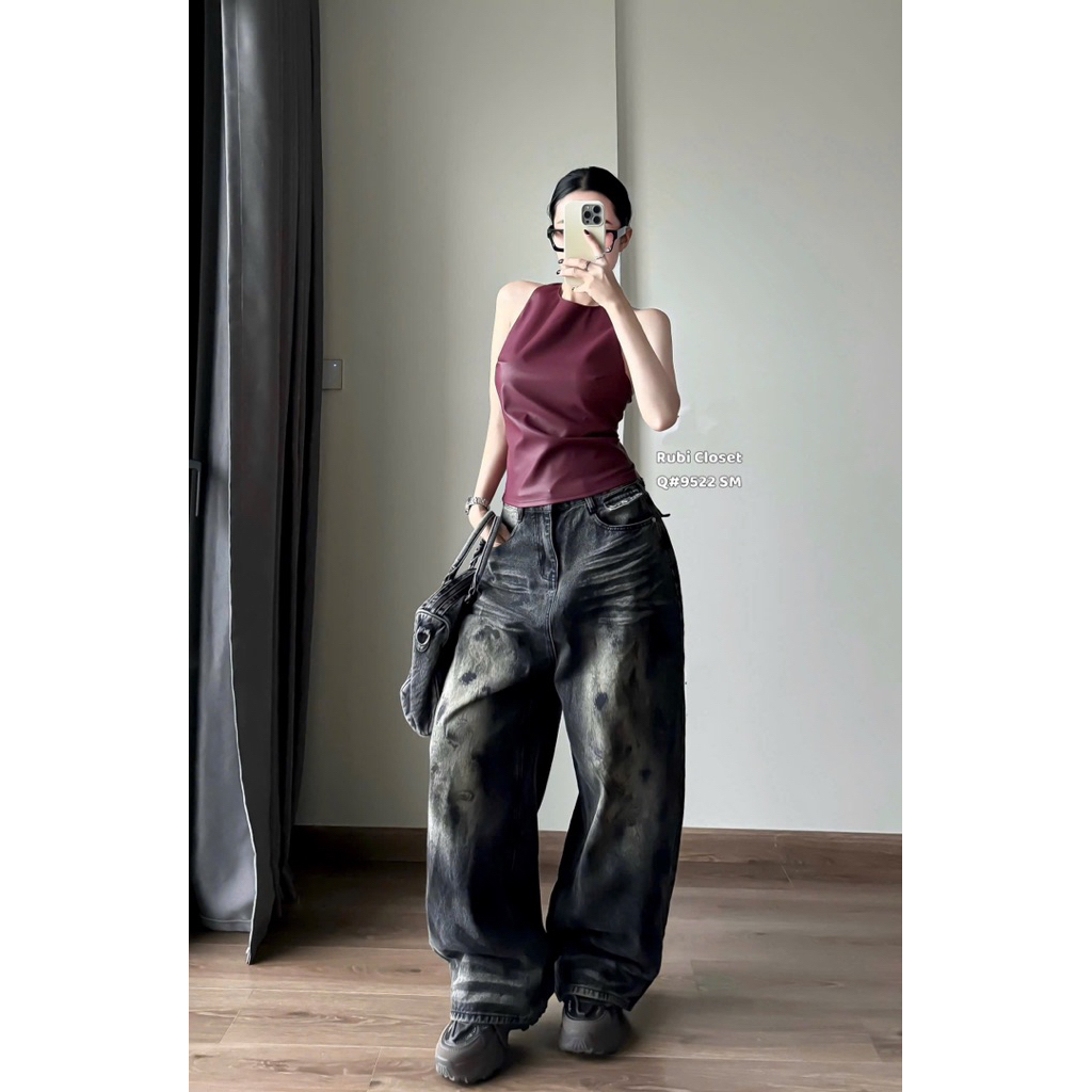 QCL1 กางเกงยีนส์ลายจุดทรงหลวมบูม (9522)