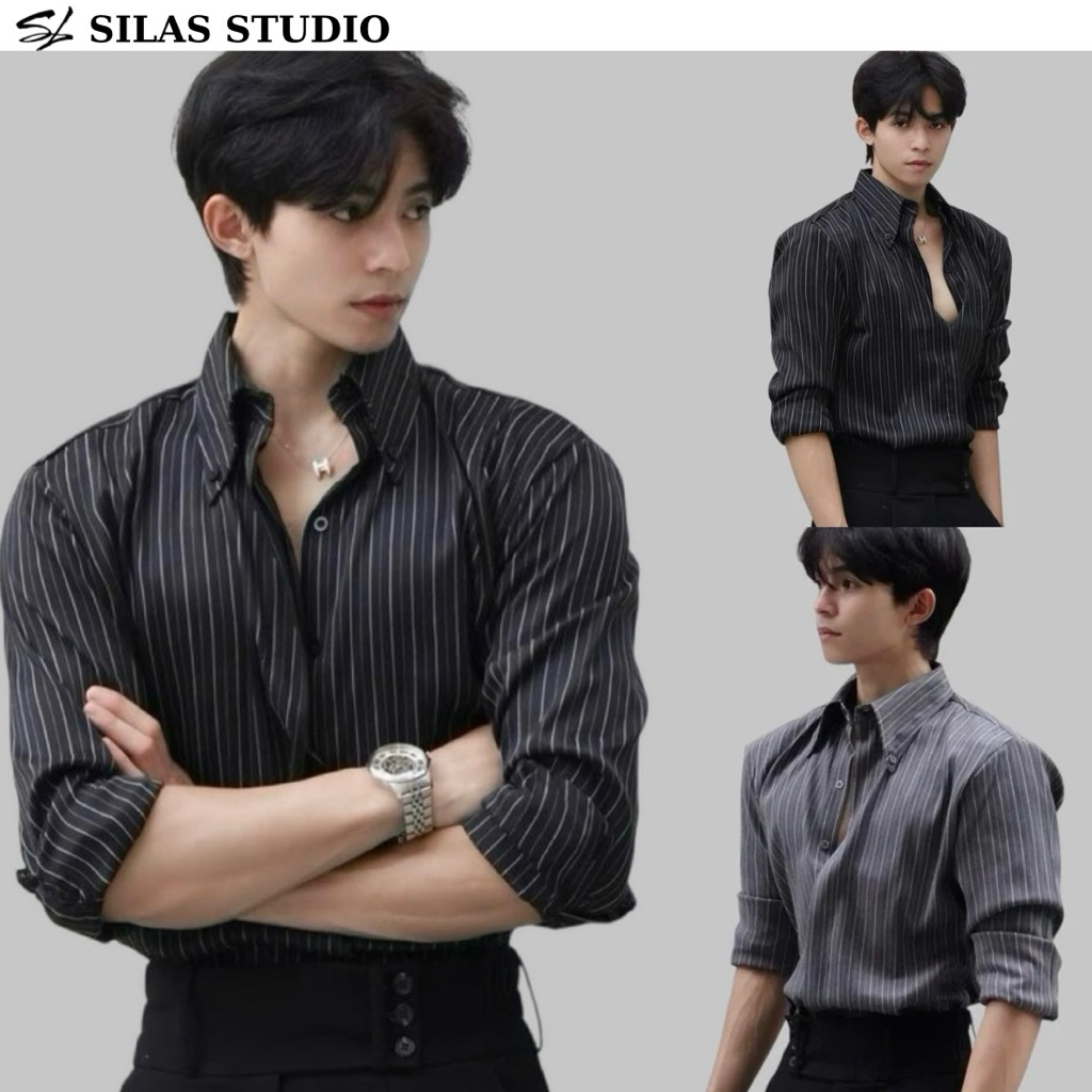 (แบบไหล่) SILAS LIAM เสื้อเชิ้ตลายคอปกผ้าฝ้ายข้ามปุ่มปกปิดเอวผู้ชาย - ASL25