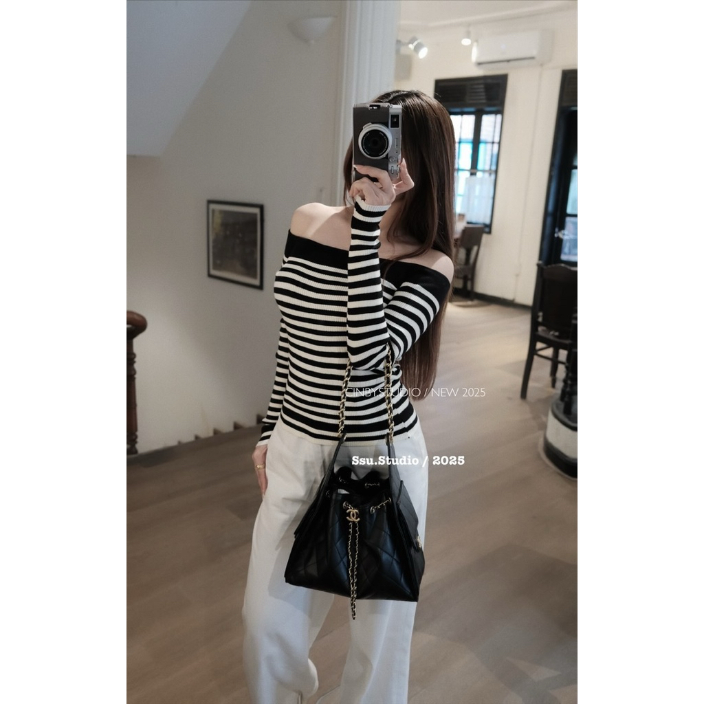 My.llyoK x เสื้อสเวตเตอร์เปิดไหล่แขนยาว QC tag OK OK ใหม่มาแรง 2025 ทรงเข้ารูป