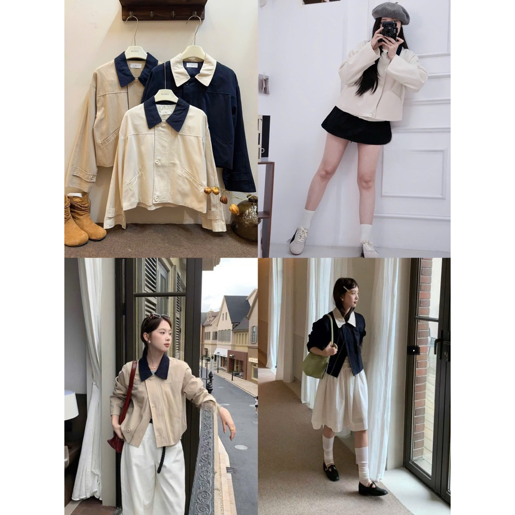 •Kingshopbeauty•เสื้อแจ็คเก็ตสีกากีพร้อมกระเป๋าคอปก Turn-down [B21]