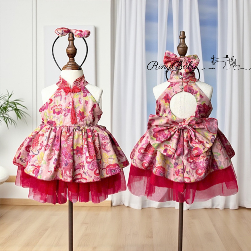 RinyBaby ชุดเจ้าหญิงโลลิต้าผ้าสีแดงสําหรับเด็กวันเกิดเด็กผู้หญิงอายุ 1 2 ปี TT52