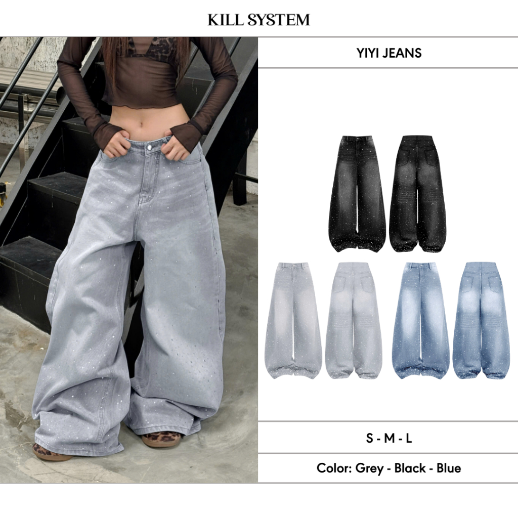 กางเกงยีนส์ rhinestone เป็นประกายสองด้าน YI - KILL SYSTEM