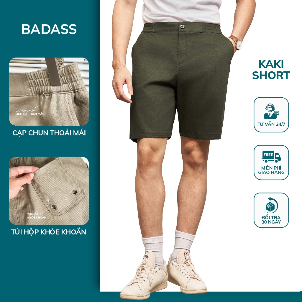 BADASS กางเกงขาสั้นผู้ชายสีกากี เท่ ฟอร์มเก็บ ผ้าคอตตอนยืด - QSKTK607