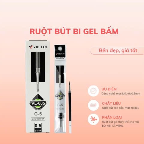 กล่อง 20 ปากกาเจล Viet ลอย VL-605 G5 รีฟิลด้วยหัวปากกา 0.5 มม. - เปลี่ยนสําหรับปากกาเจล X7, A8, K35,