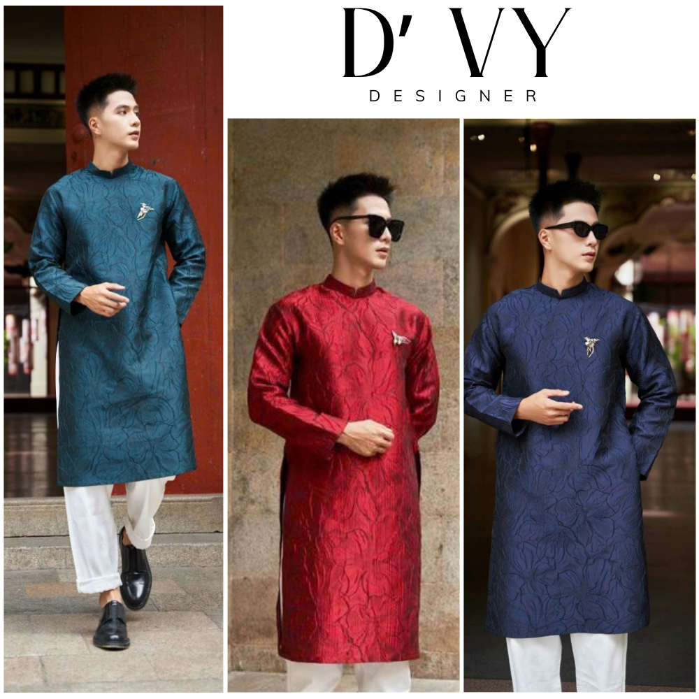 Modern Ao Dai สําหรับผู้ชายผ้าโบรเคดซิปด้านหลังไหล่สี่เหลี่ยมพร้อมแผ่นรองไหล่ Ao Dai สําหรับผู้ชาย