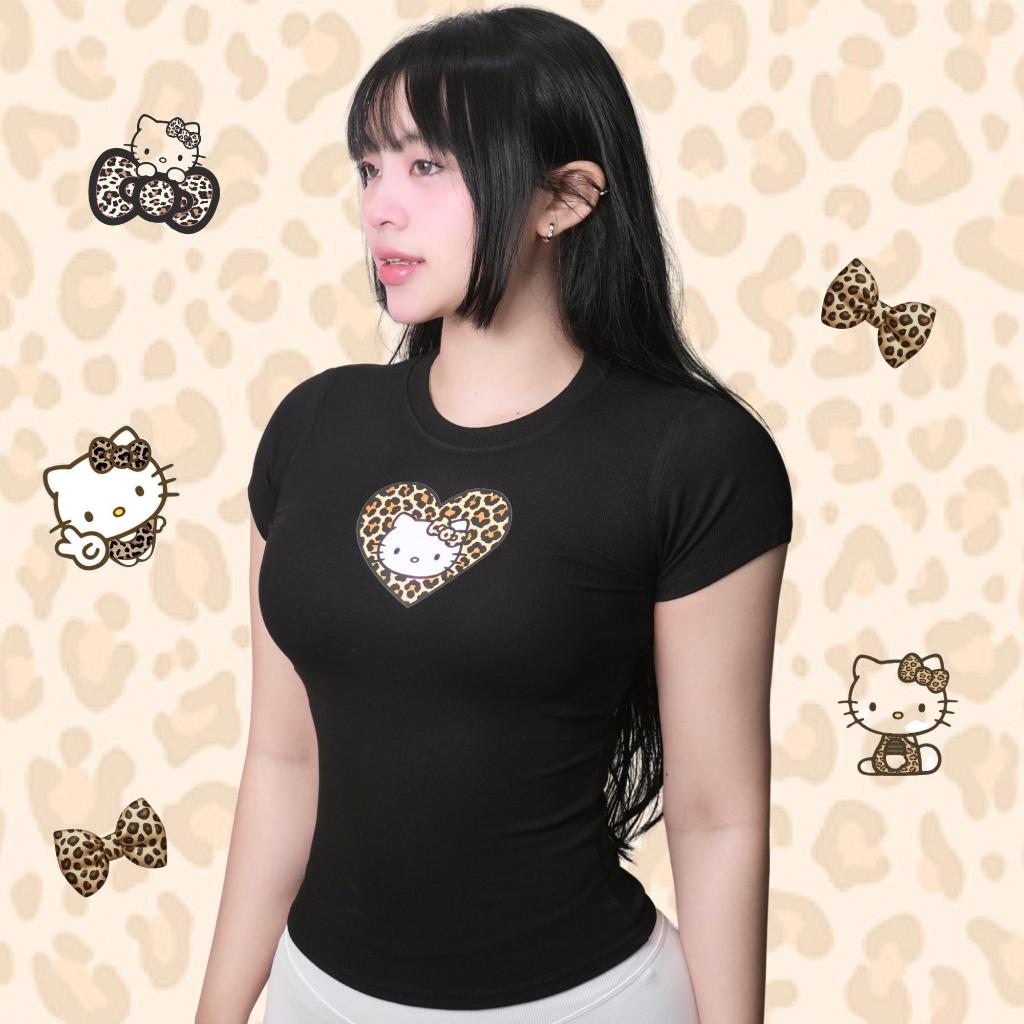 ผ้าฝ้ายผู้หญิง Babytee เสื้อ Bodycon Hello Kitty Leopard Heart Pattern - KUHESS B4
