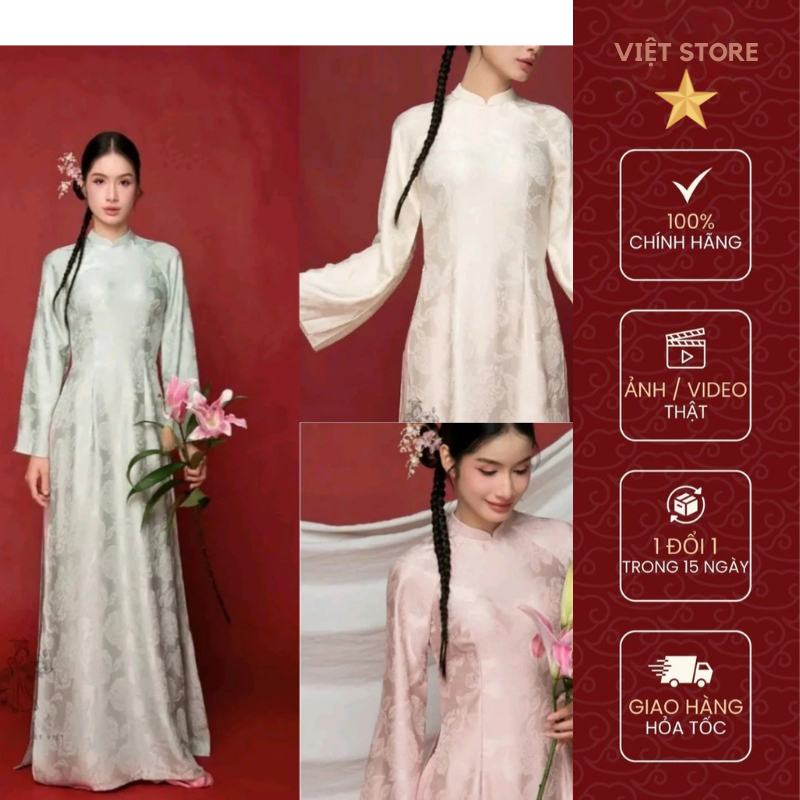 Ao Dai ดั้งเดิมแขนบานยาวและเครื่องรางดอกหิน เหมาะสําหรับงานแต่งงานและวันหยุด - Viet Store V147