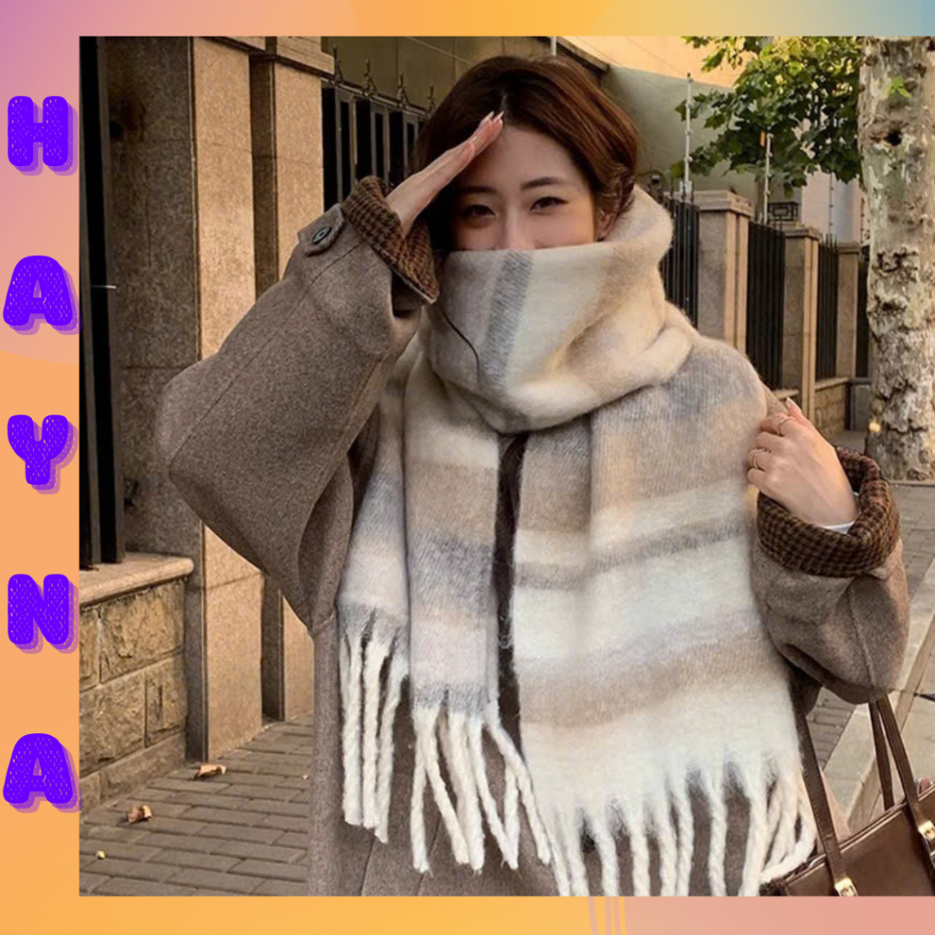 HAYNA - ผ้าพันคอผู้หญิง - ผ้าพันคอเย็นผ้าวูลสีน้ําตาลและสีขาวอบอุ่นพร้อมสไตล์อ่อนเยาว์ - M253