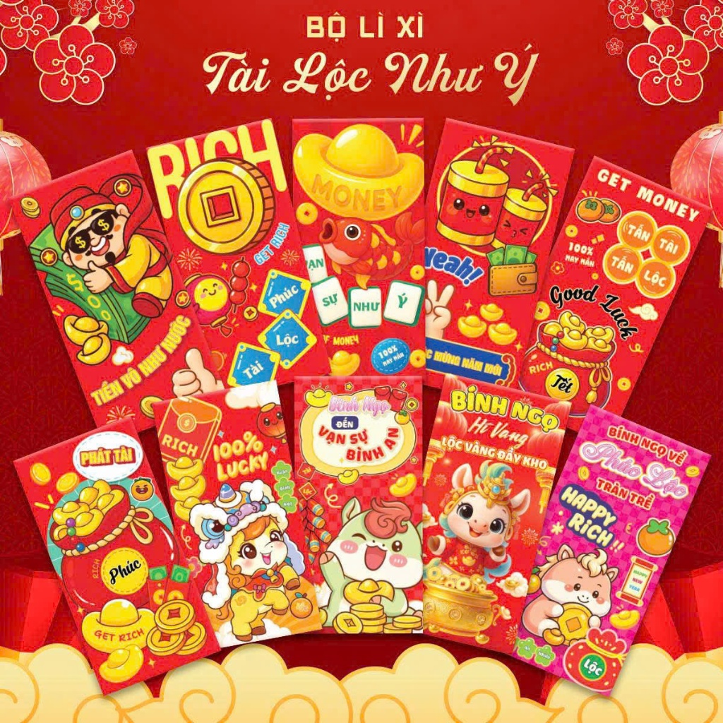 [TET] COMBO 30 HAPPY NEW YEAR 2026 ซองสีแดง - CHIBI ANIMATION - GLOSSY PAPER