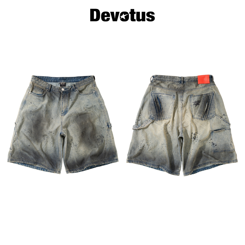 Devotus Local Brand Dirty washed Denim Jeans กางเกงขาสั้นใต้เข่า - กางเกงขาสั้นฝุ่นสีน้ําเงินสกปรก