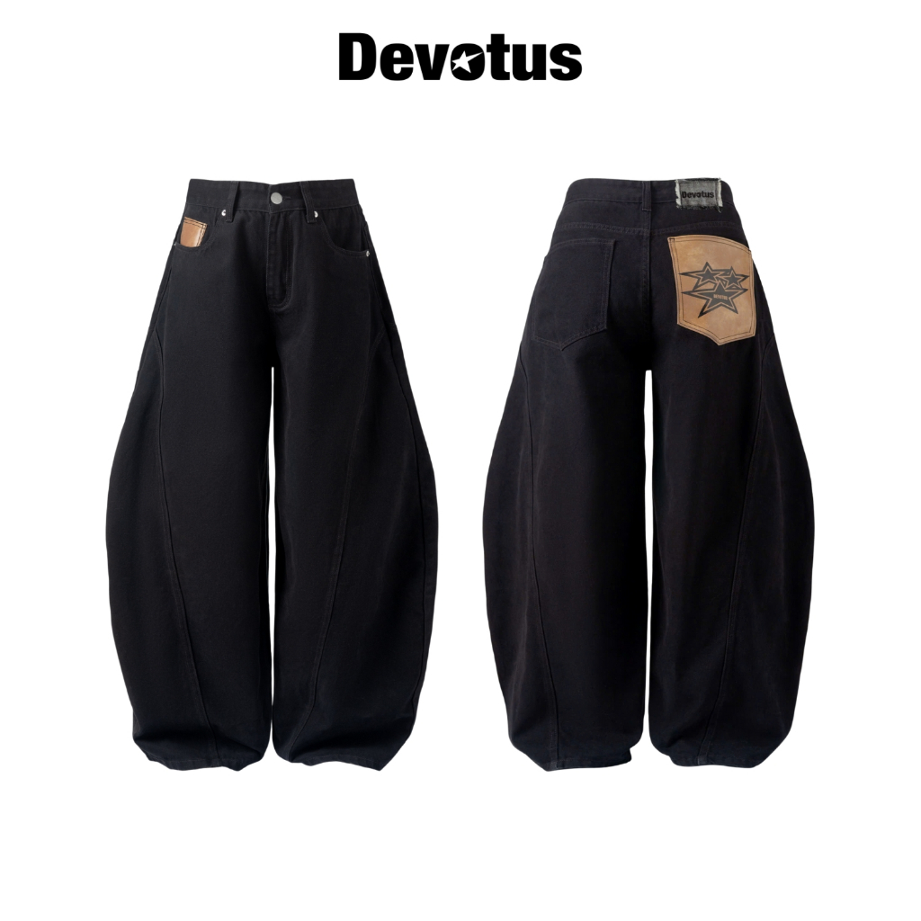 Baggy Jeans Denim ท่อโค้ง สีดํา wash Leather bag Devotus Local Brand - Leather Pocker Pants