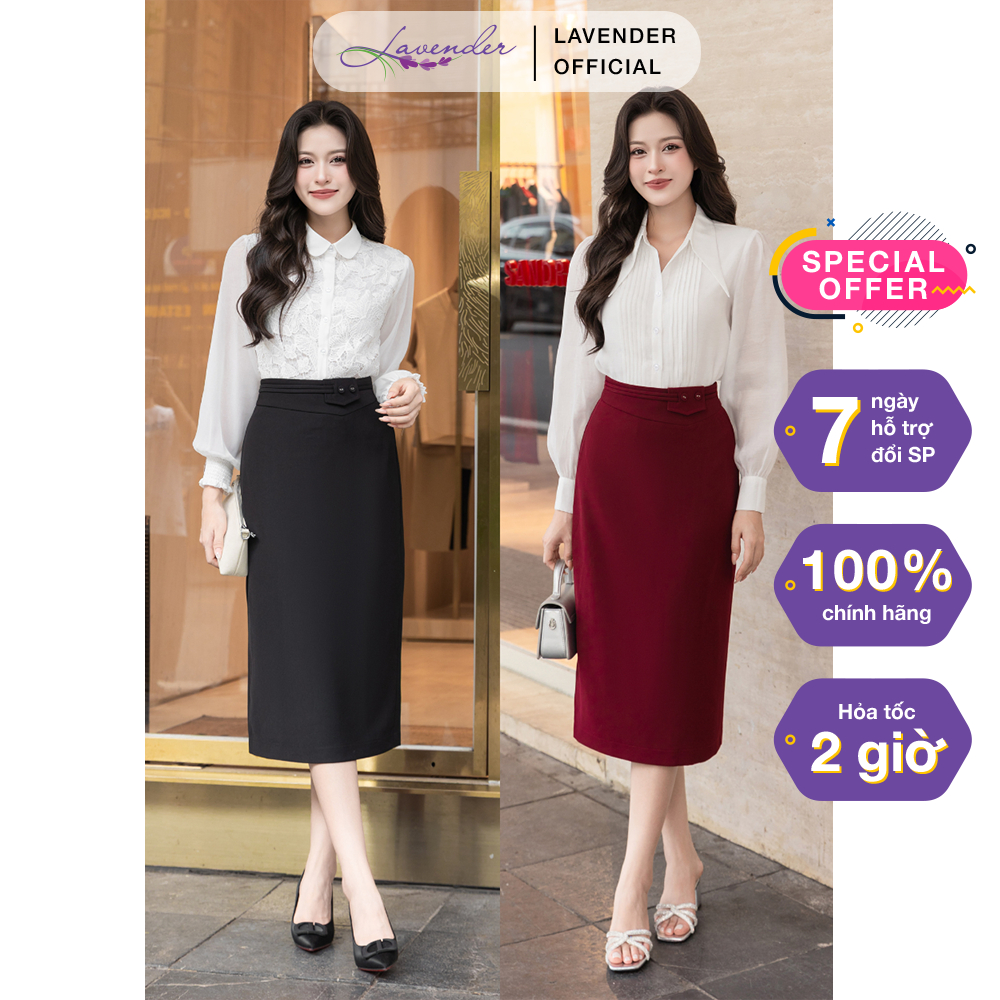 LAVENDER FASHION กระโปรงสํานักงานสตรีมีขอบเอวและสายรัดแนวนอน 2 เส้น CV4193