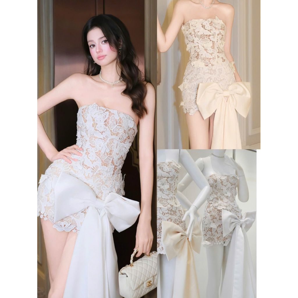 สินค้ามาใหม่ COMMITMENT TO STANDARD SHAPE (ORANGE STUDIOS ) - ชุด Rita - ลูกไม้ถ้วยออกแบบชุดยาวโบว์ส