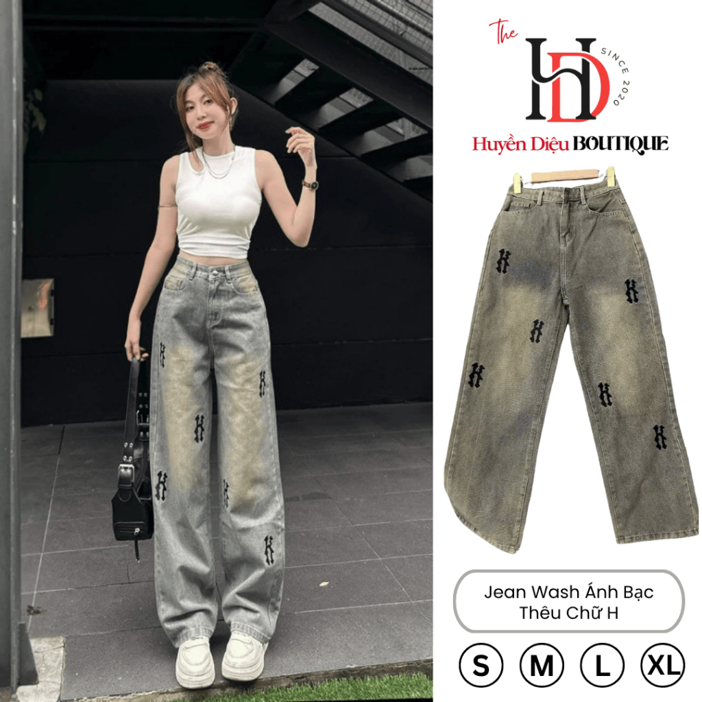 กางเกงขากว้างผู้หญิงผ้ายีนส์นุ่มลื่นแฟชั่นและแบนปักรูปตัว H คุณภาพสูง J032 - HD Boutique