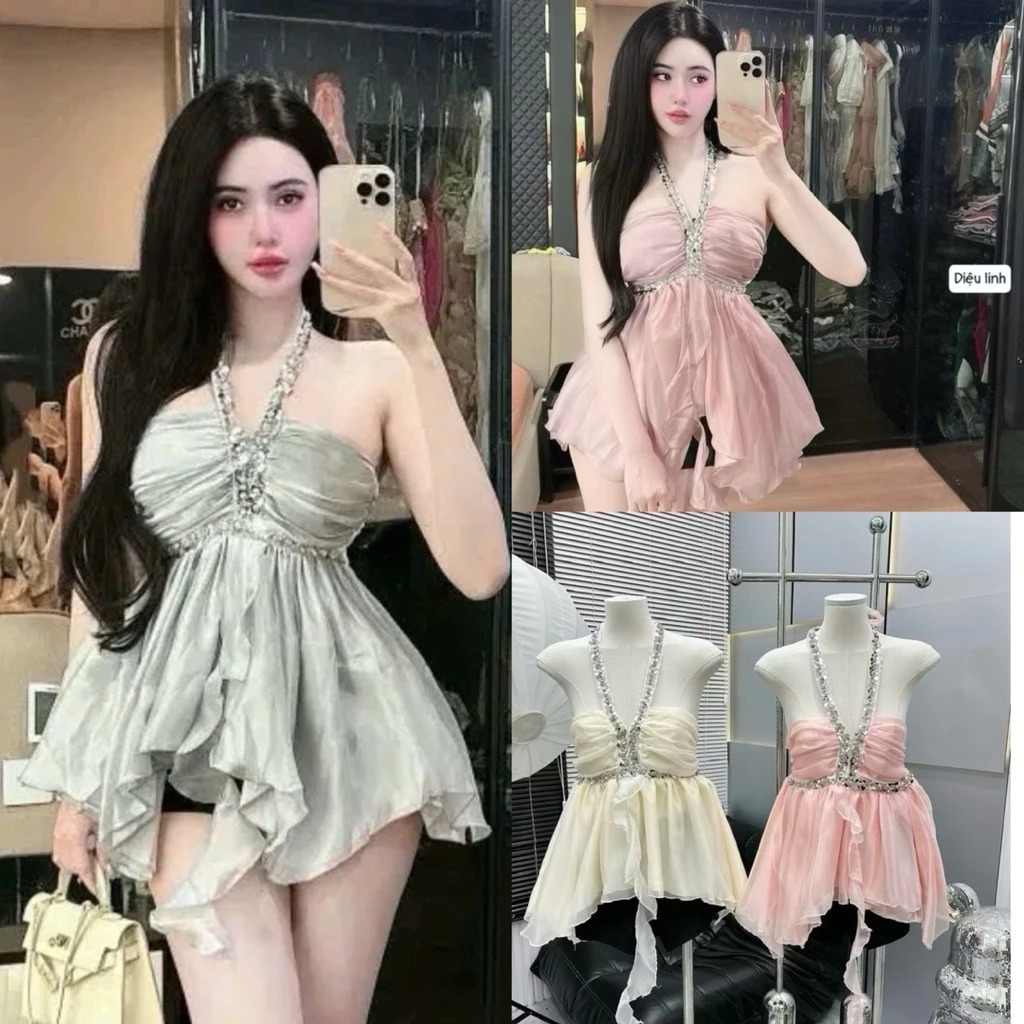 SA Set สายเดี่ยวไหมพรมพร้อมเลื่อมและชายแหลม + กางเกง Umi เอวสูง Kieupham.shop