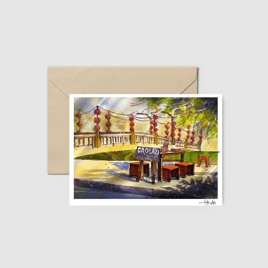 การ์ดวาดหน่วยความจํา Hoi An - Cao Lau. โปสการ์ดสําหรับเพื่อน ความทรงจําท่องเที่ยว