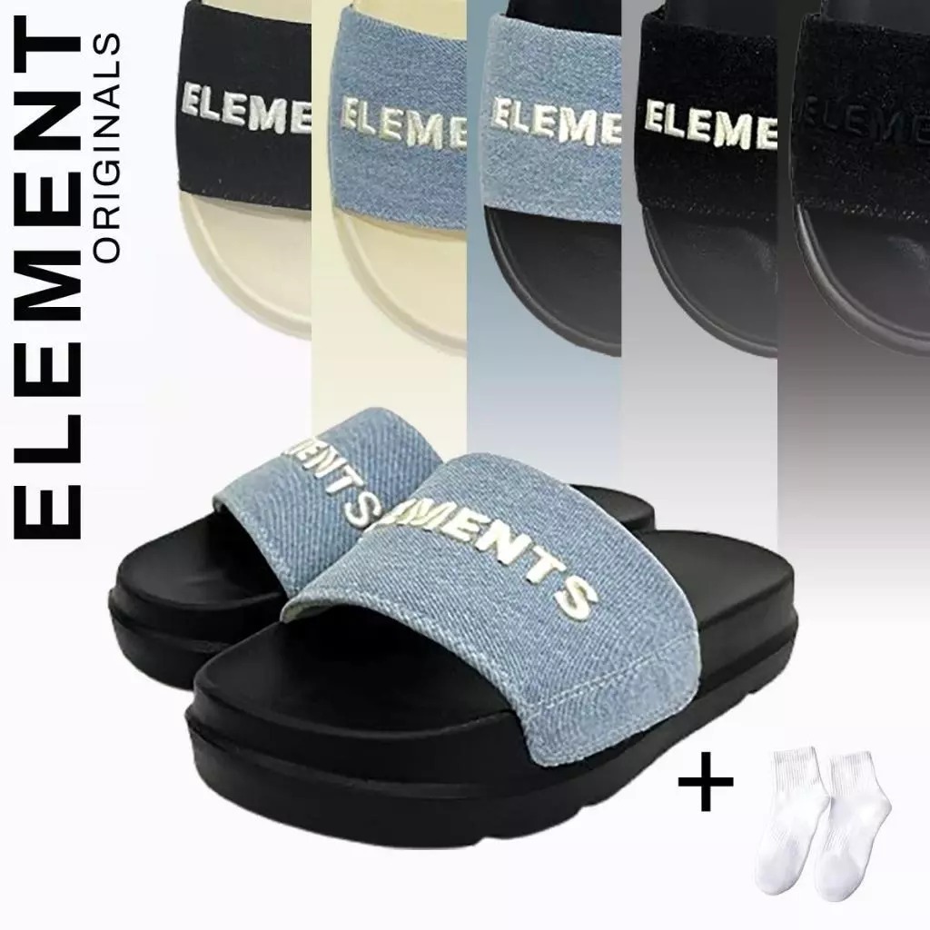 ELements Classic Denim รองเท้าแตะ unisex ปักตัวอักษร ELements รองเท้าแตะส้นแบน Denim สําหรับผู้ชายแล
