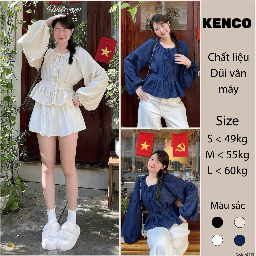 เสื้อคอปกโบว์แขนบานและเอวเป็นก้อน A3168 เสื้อผ้า Kenco.saigon แฟชั่นผู้หญิง