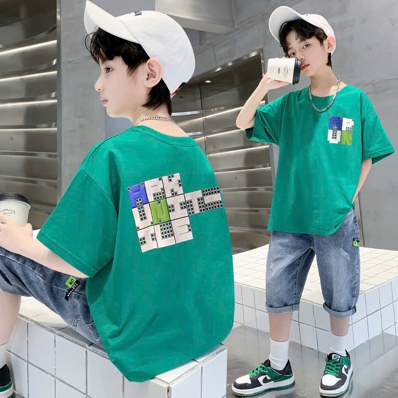 COD Little qq เสื้อยืดสีเขียวพิมพ์ลาย APK ส่วนบุคคลสําหรับเด็กผู้ชาย ขนาด 19-55kg รูปแบบหลวม