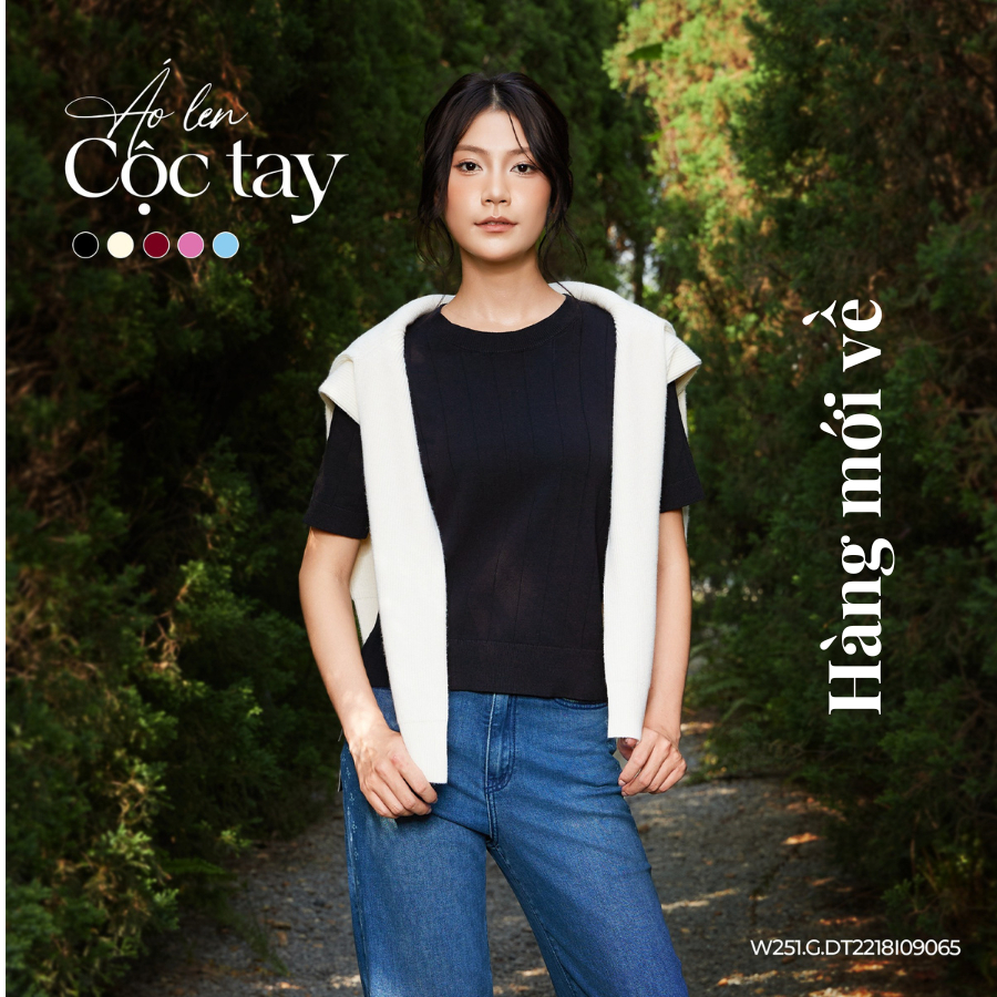 GENVIET JEANS เสื้อสเวตเตอร์แขนสั้นผู้หญิง คอกลม สีทึบพื้นฐาน DT2218I09065