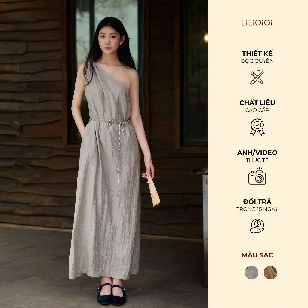 เดรสไหมพรมปาดไหล่ยาว SAND ออกแบบมาสําหรับปาร์ตี้ LiLiQiQi By LeeGi (แถมเข็มขัด) - DD888