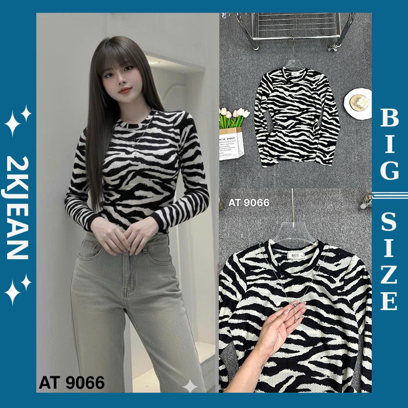 เสื้อยืดแขนยาวสตรีลายทางทรงเข้ารูปเสื้อยืดมีโซ่ทําจากลูกไม้ QC ยืดหยุ่นสูง Bigsize 2KJeans AT9066