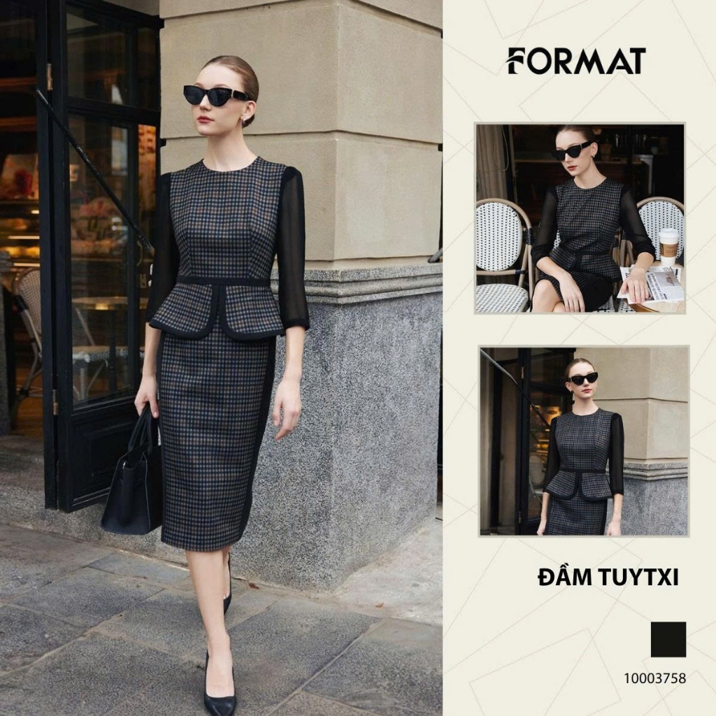 Format Dress ผู้หญิง B999-177Q 2 ชั้น ทรงเข้ารูป แขนยาว คอกลม ซิปหลัง 3/5 ฟัน ผ่าชาย ขลิบแต่ง