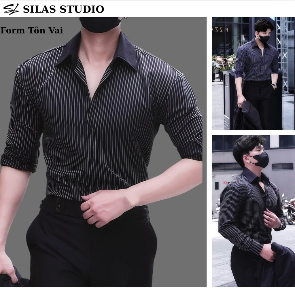 (ราคาเปิด-MP02)(Shoulder Form) Smi SILAS Otis เสื้อเชิ้ตลายคอปกสีดํา Cotton Cross-Waist - ASL24
