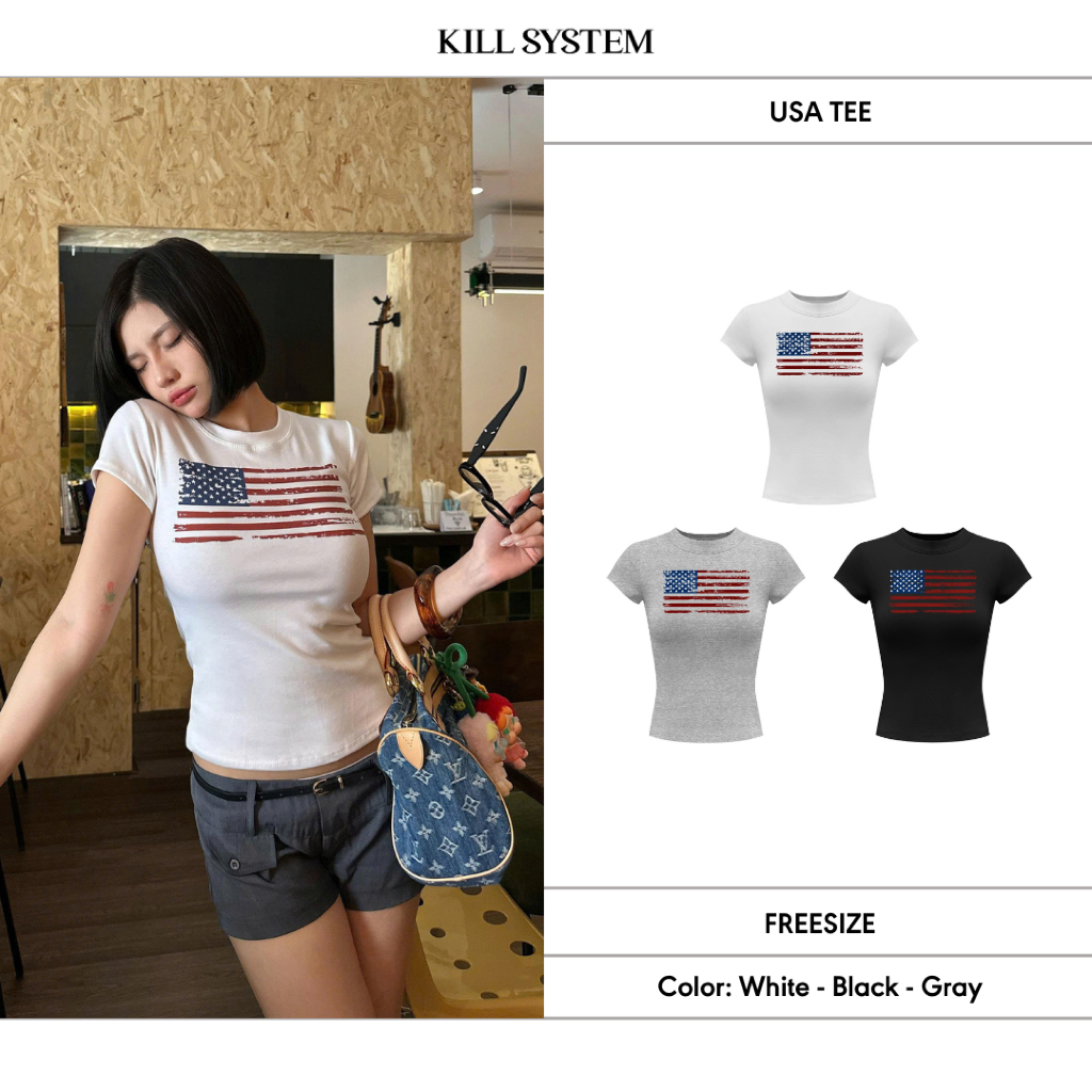 เสื้อยืด babytee ยืดกระชับสัดส่วนพิมพ์ลาย USA - KILL SYSTEM