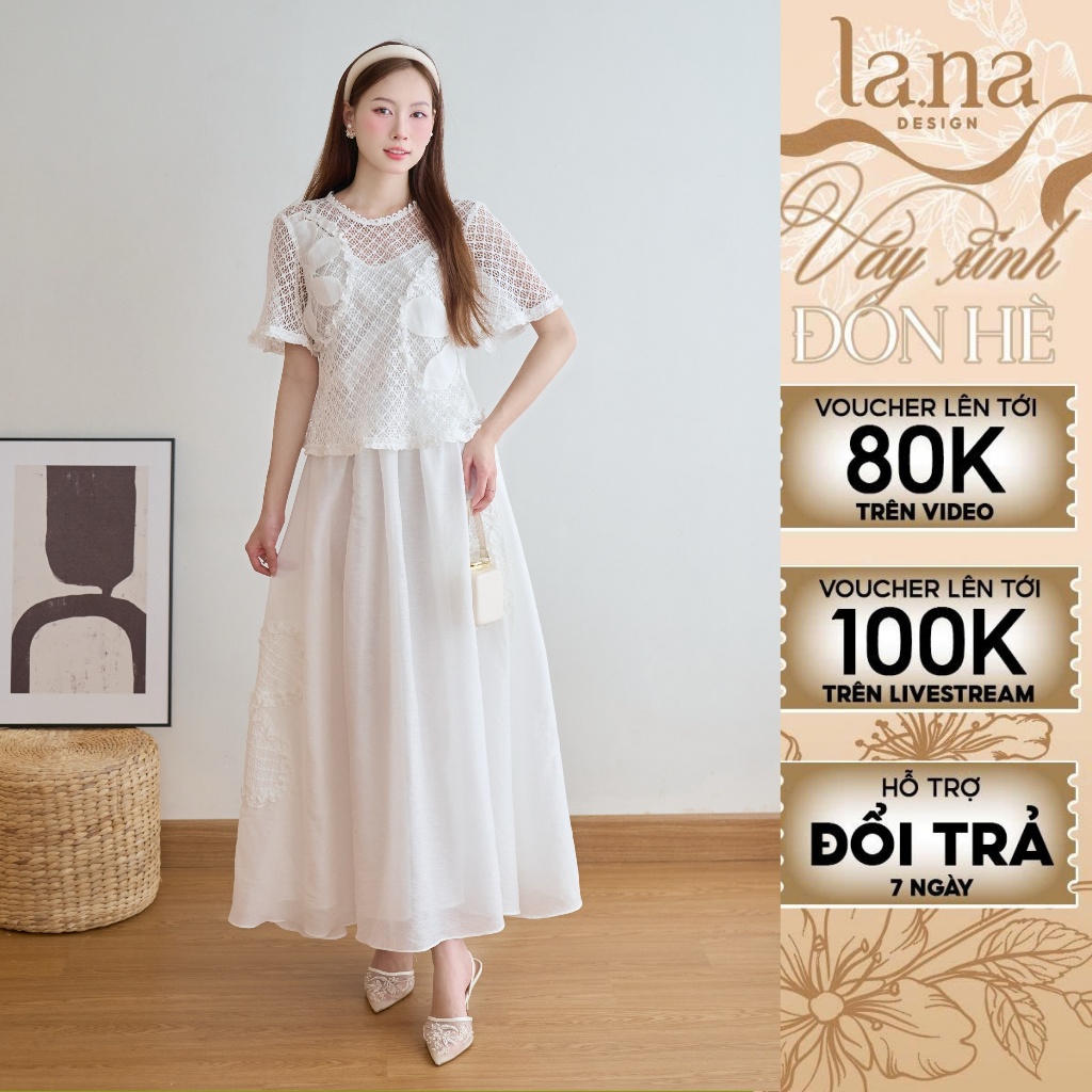 เดรส Thanh Mai Set ออกแบบโดย LA.NA DESIGN เสื้อลูกไม้ตาข่ายลายดอกไม้และกระโปรงผ้าไหมแฮนด์เมด 3D อ่อน