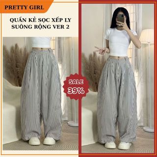 [Ver2] Quần Kẻ Sọc Xếp Ly Suông Rộng Ver 2 Hack Eo Đũi Gió Nhăn Ống Rộng Pretty Girl