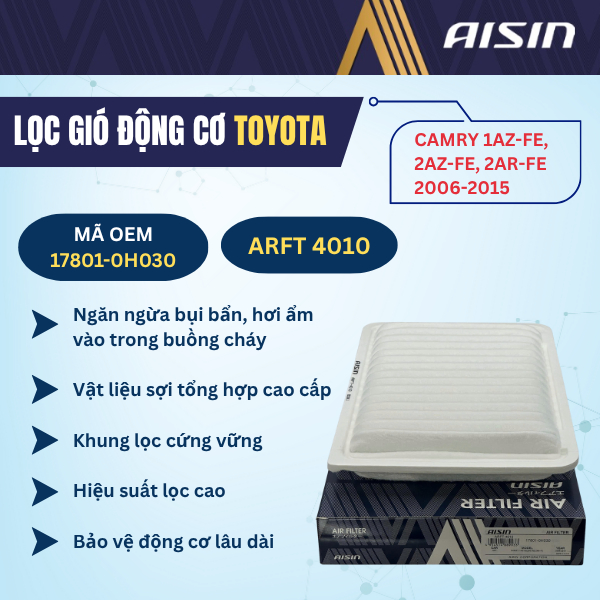 ไส้กรองอากาศเครื่องยนต์ Aisin ของแท้สําหรับ Toyota Camry 1AZFE, 2AZFE, 2ARFE 2006-2015. อาร์ฟท์ 4010