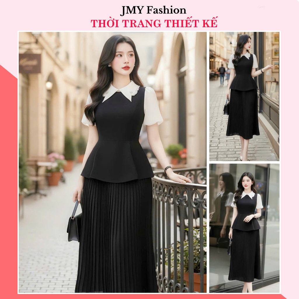 DS6669 ชุดเดรสสํานักงานสีดําบานยาว ชุดคอปกลูกไม้สีขาว [Dolce Viva Collection (DVC/ACC)]