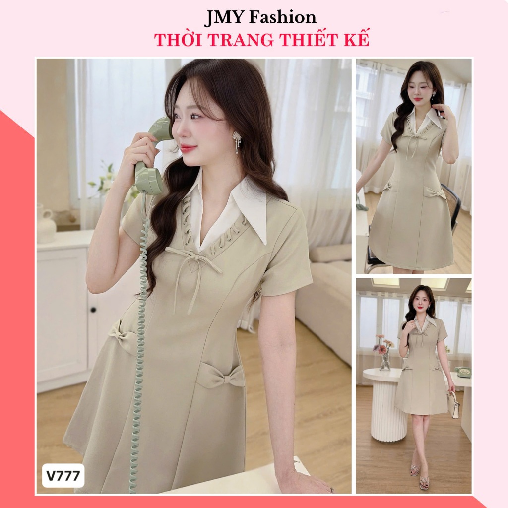 V777 เดรสสั้นทรงเอ สีน้ําตาลครีม คอปกโบว์ และเสื้อเชิ้ตออฟฟิศ [TH HA LE]