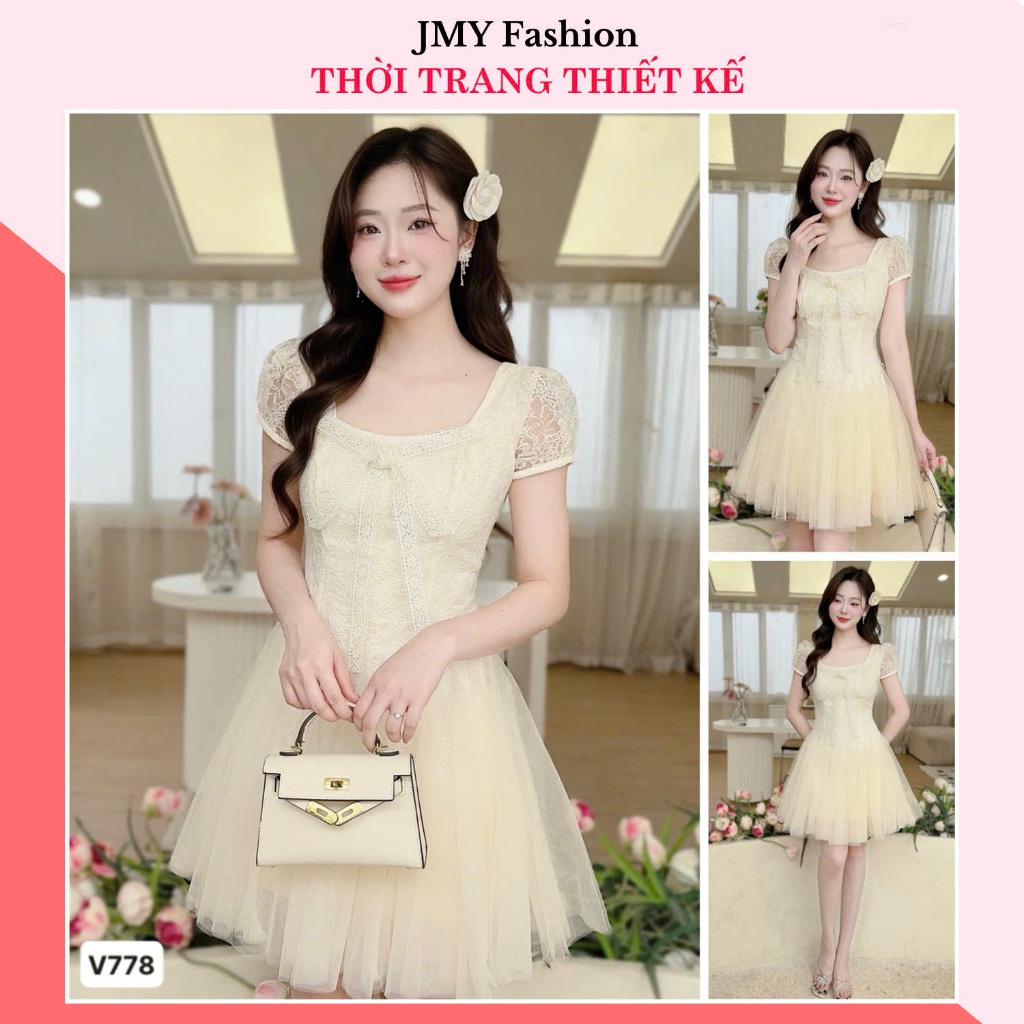 V778 เดรสลูกไม้สีครีมบานสั้นคอเหลี่ยมแขนตาข่าย [TH HA LE]