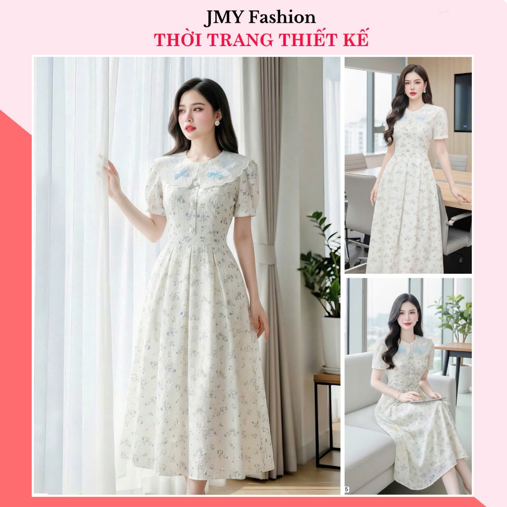 V5125 เดรสลายดอกไม้สีฟ้ายาวผู้หญิงคอปกปัก [Dolce Viva Collection (DVC/ACC)]